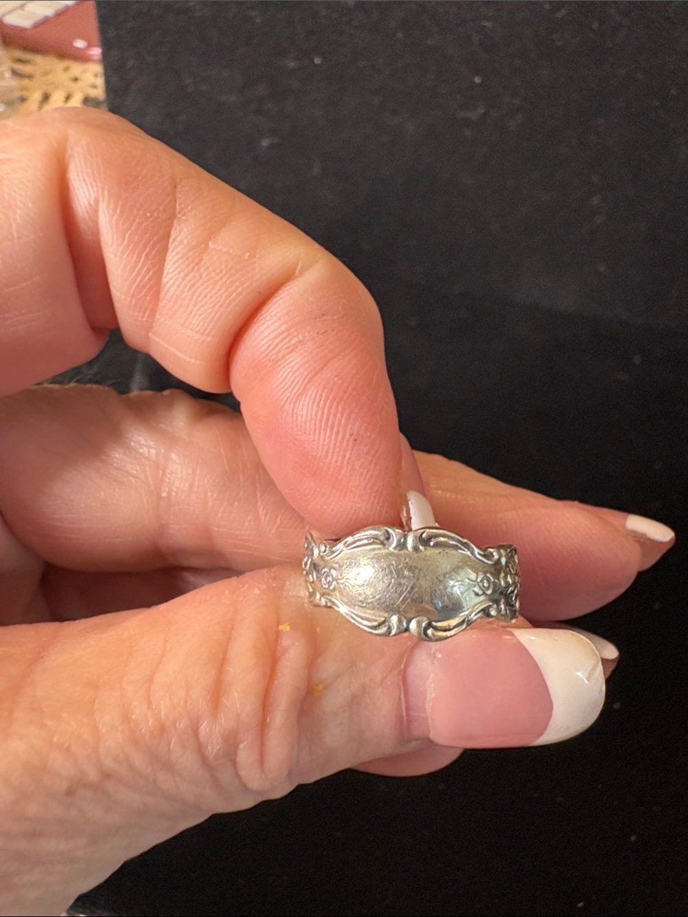 Ornate Silver Spoon Ring - Elegant Floral Band